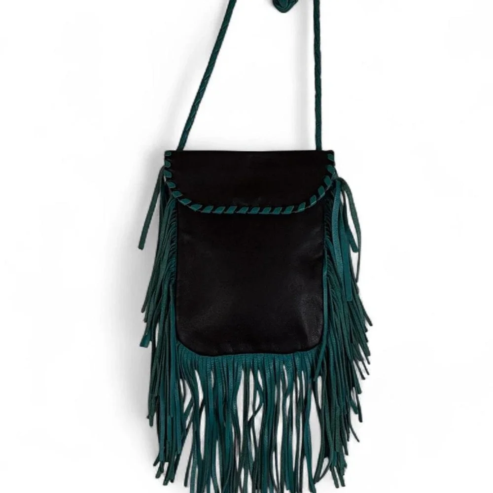 The Turquoise Arrow Black Leather Turquoise Fringe Crossbody Bag Western Boho OS